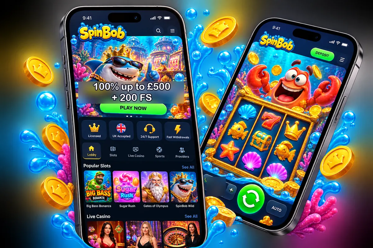 Casino lobby and slot game open on two smartphones