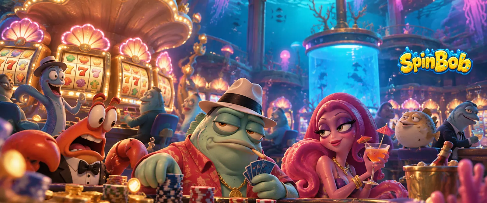Underwater casino lounge with card players and slot machines