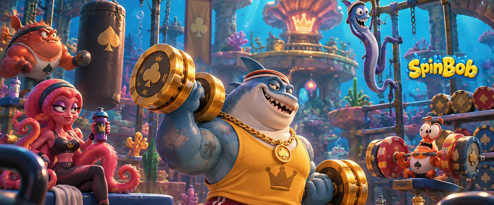 Shark lifting golden dumbbells in an underwater gym