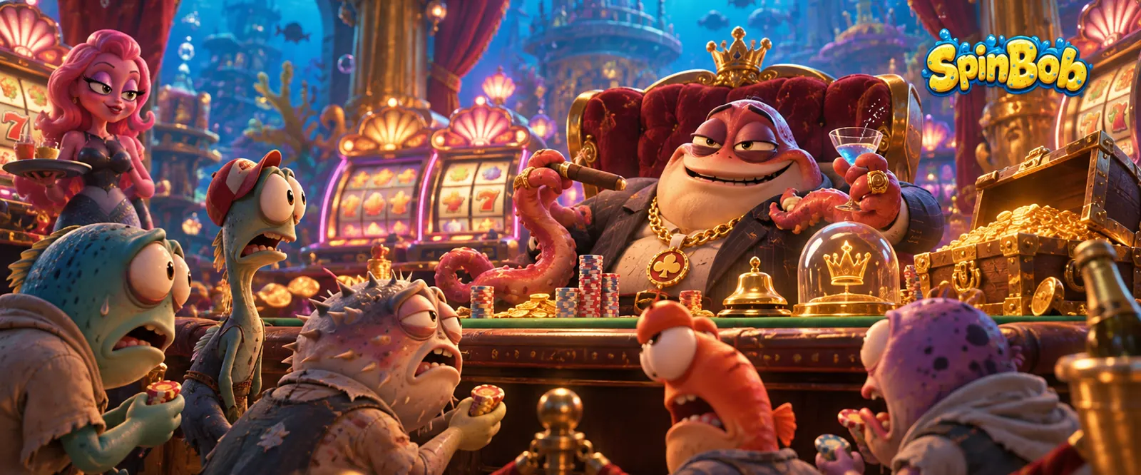Crowd gathered around a VIP high-roller table under the sea