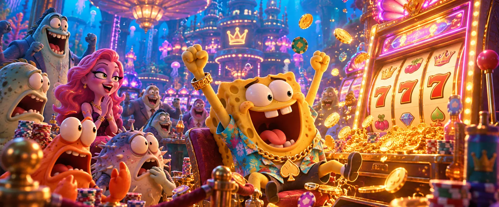 Cheering sea characters celebrating a jackpot at a slot machine
